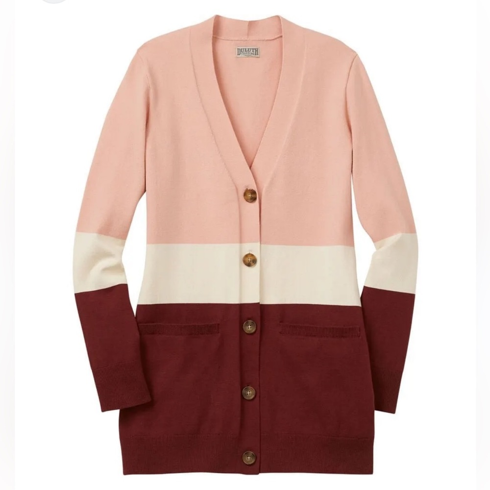 Duluth Trading Co Striped Knit Button Down Stretchy Cardigan Sweater Pink Size M